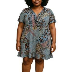 Prelude A-Line Abstract Floral Patchwork Dress in Multi Blue Ruffle Hem Size 20W